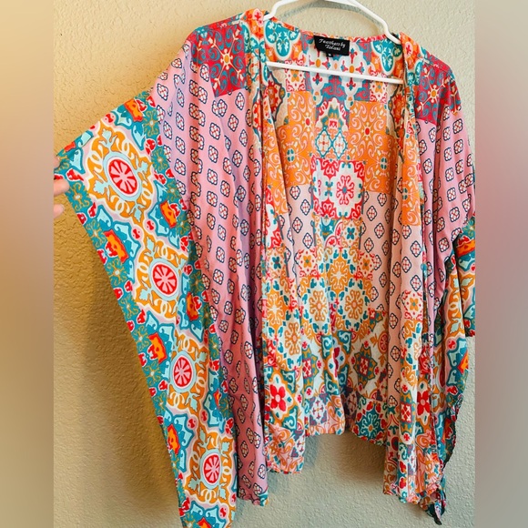 Feathers by Tolani Kimono Open Front Bohemian Duster Orange Teal Coverup Size M - Picture 2 of 6
